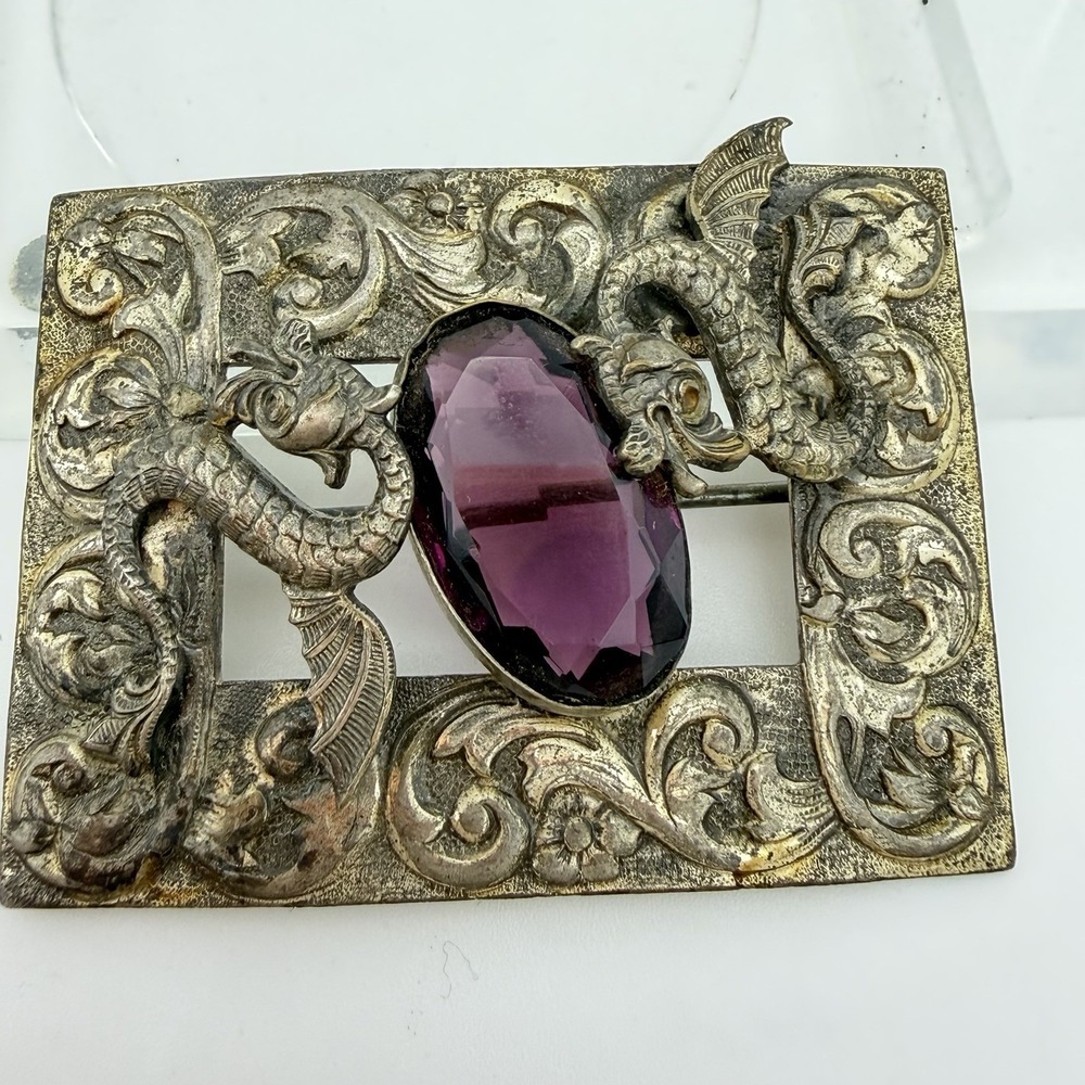 Vintage Art Nouveau Dragon Sash Pin Purple Glass Sea Serpent